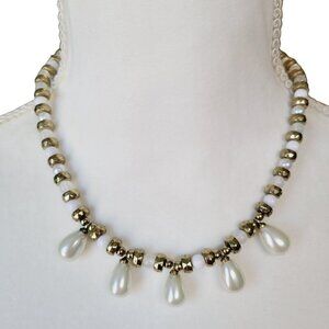 Plunder Teardrop Faux Pearl & Beaded Necklace White Gold Tone Everyday Wear VGC